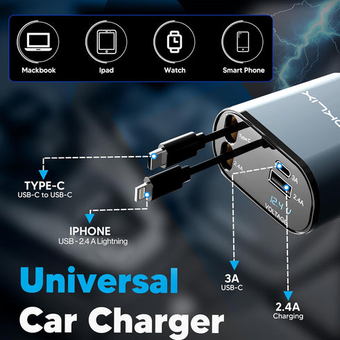 Retractable Car Charger, 4 in 1 Retractable Car Charger 66W with Cord 2.6ft, USB C Car Charger, Retractable Cables and USB Car Charger Adapter Com...