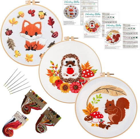 Louise Maelys 3 Set Animal Embroidery Kits for Beginners with Autumn Squirrel Hedgehog Fox Pattern,Adults Starter Cross Stitch Kit DIY Needlepoint...