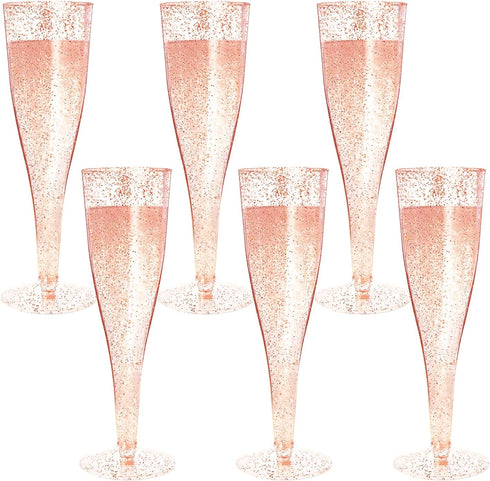 Disposable Champagne Flutes, 6PC Rose Gold Glitter Plastic Champagne Glasses for Parties, 6.5 OZ...