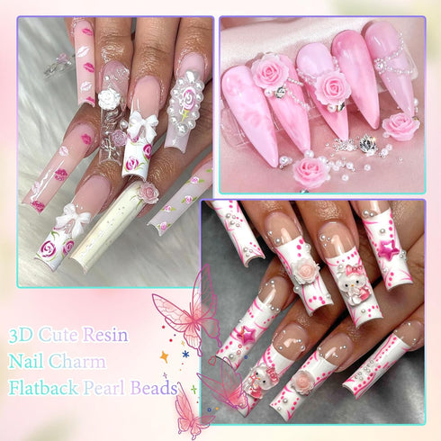 600Pcs Flower Nail Charms and Flatback Pearls,Mixed Size 3D Rose Flowers Nail Charms for Acrylic Nail Supplies Design,White Half Pearls for Nail J...