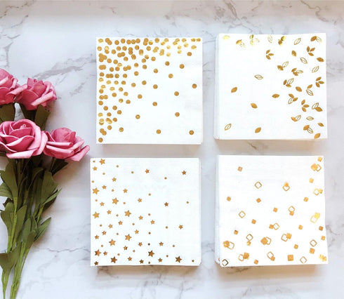 100 PK Gold Napkins - 4 Assorted Designs - 3-Ply Cocktail Napkins Folded 5 x 5 Inches Bar Napkins Disposable Party Napkins Paper Napkins Dinner fo...