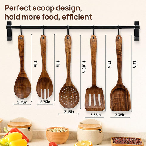 Kitchen Wooden Spoons Utensils Set for Cooking, 5 Piece Acacia Wood Spoon Cooking Utensils Apartment Essentials Wooden Turner Spoon Spatula Kitche...