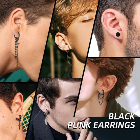 FIFATA 20 Pieces Men Earrings Set - Black Stainless Steel Chain Hoop Earrings Cross Moon and Star Dangle Earrings Piercing Jewelry for Men Women...