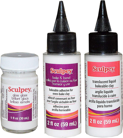Sculpey Artist Set: 1 Fl Oz Gloss Glaze, 2 Fl Oz Bake and Bond Bakeable Adhesive for Oven-Bake Clay, 2 Fl Oz Translucent Liquid Bakeable Clay - Pa...