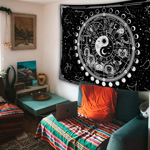 Twelve Constellation Tapestry,Black and White ?Sun and Moon ?Yin and Yang Tapestry Mystic Wall Hanging Tapestry for Home Decor (35"x47")...