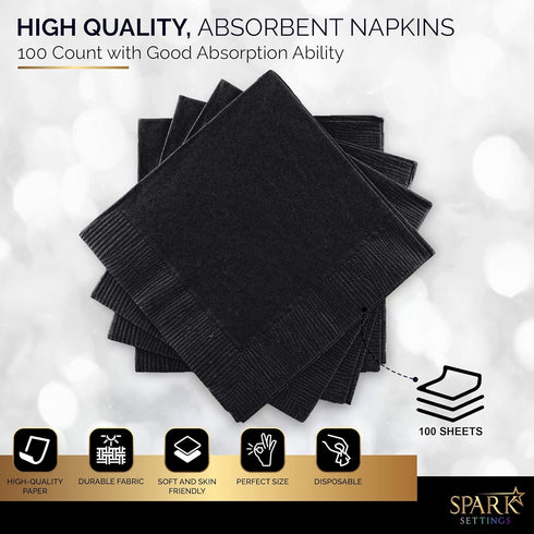 100 Pack Black Beverage Napkins, Big Party Pack, 2 Ply, Ideal for Wedding, Party, Birthday, Dinner, Lunch, Cocktails. (5” x 5”) by Amcrate...
