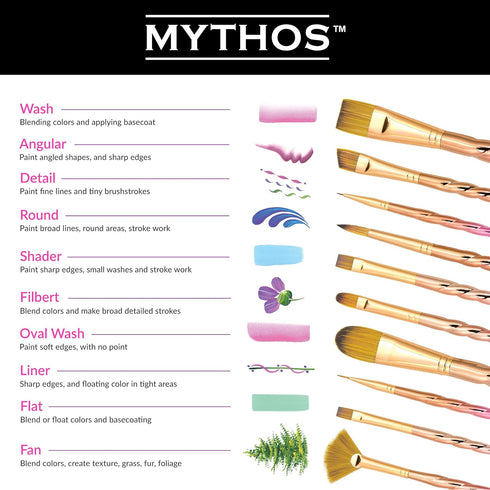 Royal & Langnickel Mythos, 7pc Unicorn Variety Craft Brush Set for All Painting Mediums, Includes - Filbert, Shader, Oval Wash, Round & Wash Brush...
