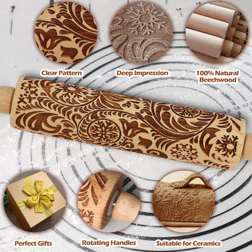 Embossed Rolling Pin for Baking, Cookie Embossing Rolling Pins with Flower Pattern Christmas Snowflake Paisley Wooden Engraved Dough Roller Clay P...