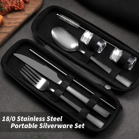 Portable Travel Utensils with Case, Black Stainless Steel Reusable Silverware Set for Lunch Work School Camping Picnic, Durable Travel Cutlery Set...