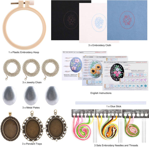 MWOOT 3 Pack Pendant Embroidery Starter Kit for Beginners,Retro Necklace Series Cross Stitch Tools for Necklace & Earrings & Hand Sewing Jewelry &...