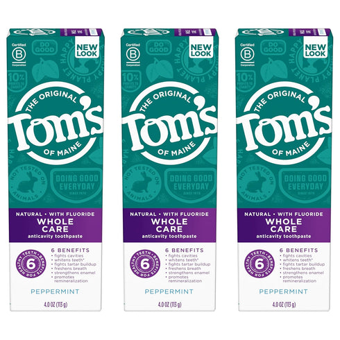 Tom's of Maine Whole Care Natural Toothpaste with Fluoride, Peppermint, 4 oz. 3-Pack (Packaging May Vary)...
