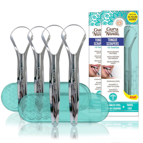 GuruNanda Tongue Scraper for Adults (4-Pack) with Travel Case, 420 Medical Grade Stainless Steel, Aids in Fresh Breath & Oral Care - Travel-Friend...