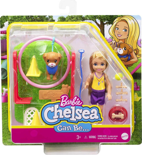 Barbie Chelsea Can Be Dog Trainer Playset with Blonde Chelsea Doll (6-in), Dog & Leash, Jumping Hoop, Obstacle Cones, Training Treats & More, Grea...