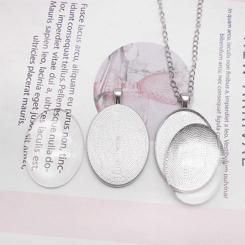 Julie Wang 10 Sets Silver Color Oval Bezel Pendant Kit with Glass Cabochon Iron Chain for Necklace Jewelry Making 40x30mm...