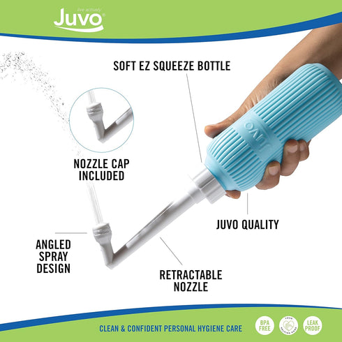 Juvo Peri Bottle Kit | Portable Travel Bidet, Handheld Squeeze Bottle with 2 Spray Nozzles, Cap and Storage Bag, Upside Down Use, 13.5 oz, Blue/Pi...