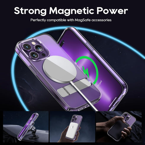 Magnetic Case for iPhone 14 Pro Case with Screen Protector, (with Slim Kickstand + Camera Protector) Compatible with Magsafe Shockproof Crystal Cl...