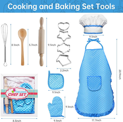 Kids Cooking and Baking Set,11 Pcs Kids Aprons for Girls,Chef Costume Set,Includes Kids Apron and Chef Hat,Mitt & Cooking Cutters,Toddler Chef Rol...