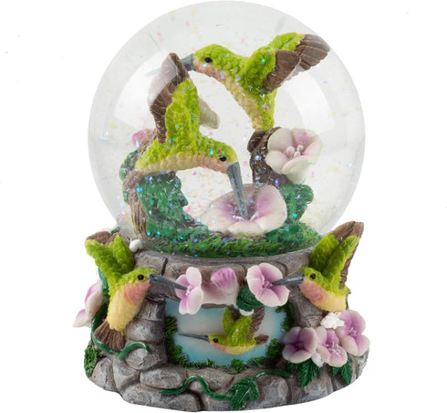 Elanze Designs Green Family Flittering Hummingbirds with Purple Flowers Bird Tabletop Figurine 100MM Sturdy Glitter Water Snow Globe Plays Tune Yo...