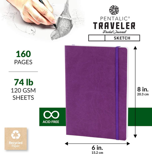 Pentalic 6" x 8" Pocket Sketchbook Traveler Journal, 160 Pages, Purple...
