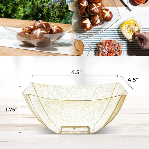 Posh Setting Square Plastic Serving Bowls, Small Gold Glitter Plastic Candy Bowls, 4 Pack Plastic Disposable Party Snack, Buffet, Chips, or Salad ...