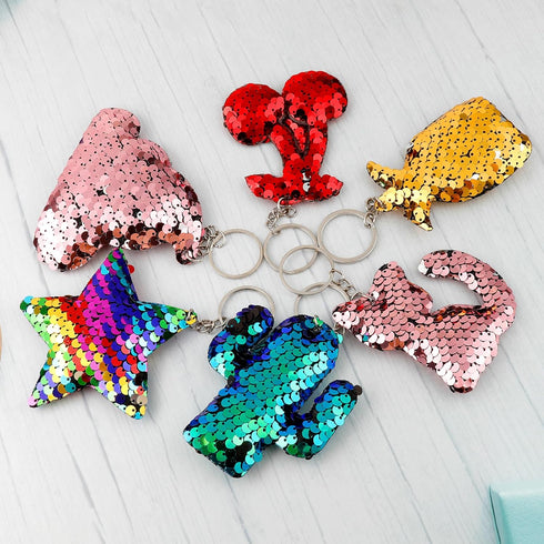 Outee Sequin Keychain 15 Pcs Flip Sequin Keychain for Mermaid Tail Clover Cat Animals Shape Christmas Gift Party Favors for Kids Adults Party Favo...