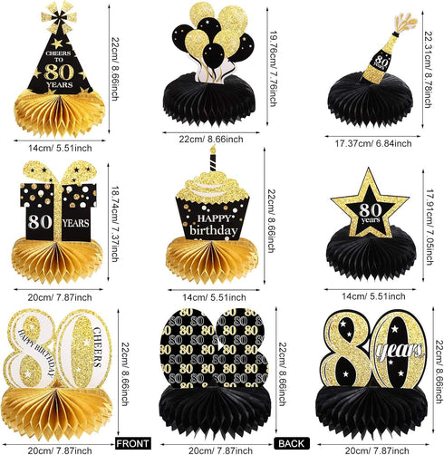 Outus 8 Pcs 80th Birthday Table Decorations for Men and Women Happy 80th Honeycomb Centerpieces Black Gold Cheers to 80 Years Decor 1945 Tables To...