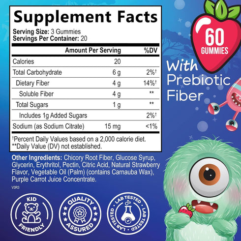 Fiber Gummies for Kids Supplement - Daily Prebiotic Fiber for Kids, Supports Regularity, Digestive Health & Immune Support, Nature's Plant Based C...