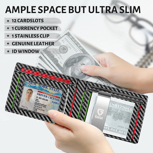 GSOIAX Slim Leather RFID Bifold Wallet for Men with Money Clip and 12 Credit Card Holders - Minimalist Front Pocket Wallet with ID Window, Cool Gr...