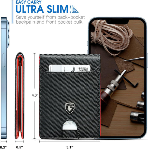 GSOIAX Mens Slim Wallet RFID Blocking Bifold wallets for men Minimalist Genuine Leather Carbon Fiber Card Holder Money Clip Thin Mens with Gift Bo...