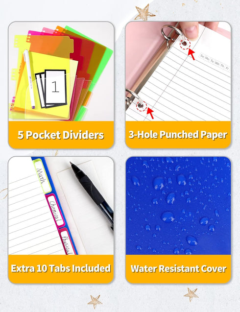 SUNEE 5 Subject Notebook College Ruled - 300 Pages, 8.2"x10.8", 5 Pocket Colored Dividers, 3-Hole Punched Paper, Blue...