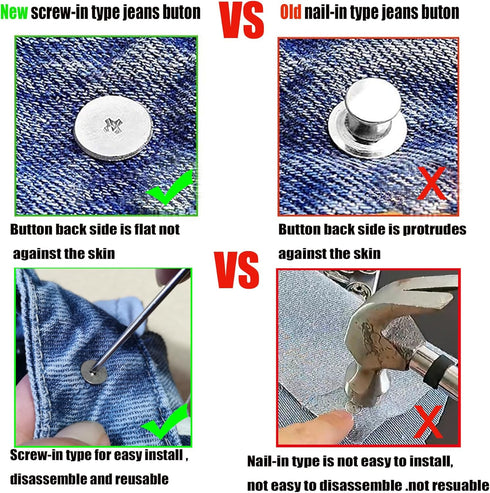 20 Pcs Button for Sewing Metal Jeans, 17 mm No-Sew Nailess Removable Metal Jeans Buttons Replacement Repair Combo Thread Rivets and Screwdrivers.(...
