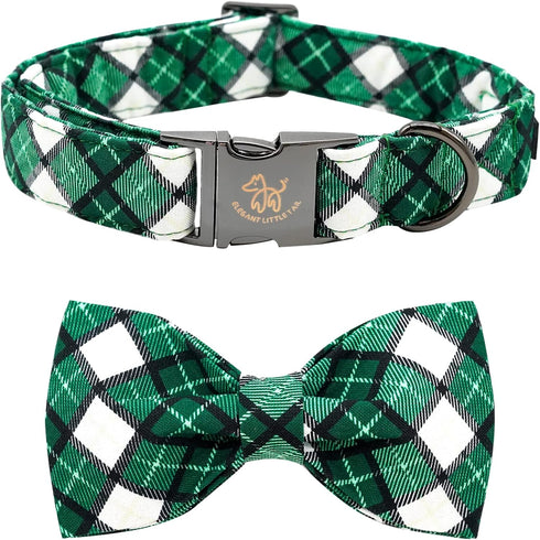 Elegant little tail St. Patrick's Day Dog Collar, Dog Collar with Bow, Green Grid Dog Collar Pet Gift Dog Bowtie Adjustable Dog Collar for Medium ...