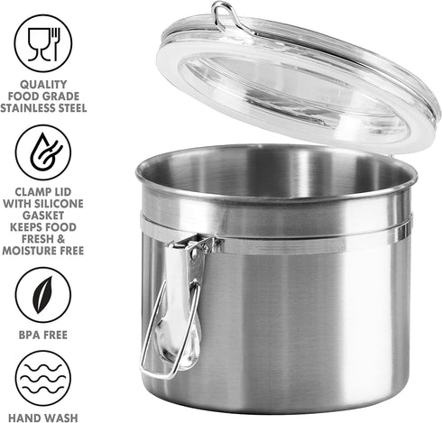 OGGI Stainless Steel Kitchen Canister 26 fl oz - Airtight Clamp Lid, Clear See-Thru Top - Ideal for Kitchen Storage, Food Storage, Pantry Storage....