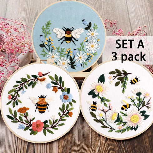 Lukinbox Embroidery Starter Kit for Beginners, 3 Sets Cross Stitch Kits for Adults, Include Embroidery Clothes with Cute Bees and Flowers Patterns...