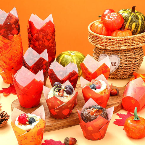 400 Pcs Fall Cupcake Liners Thanksgiving Tulip Wrappers for Baking Autumn Muffin Cupcake Holders Pumpkin Maple Leaf Liners Paper Baking Cups for B...