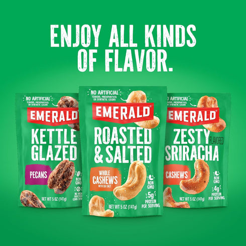 Emerald Nuts Salt and Pepper Seasoned Cashews (1-Pack), 5oz Resealable Bag, Kosher Certified, Non-GMO, Contains No Artificial Preservatives, Flavo...