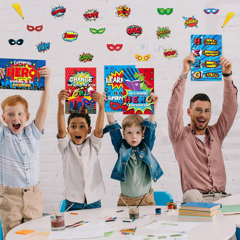 Outus 33 Pcs Hero Theme Classroom Decorations Bulletin Board Set Hero Posters and Banners Hero Sayings Cityscape Cutouts for Classroom Pre School ...