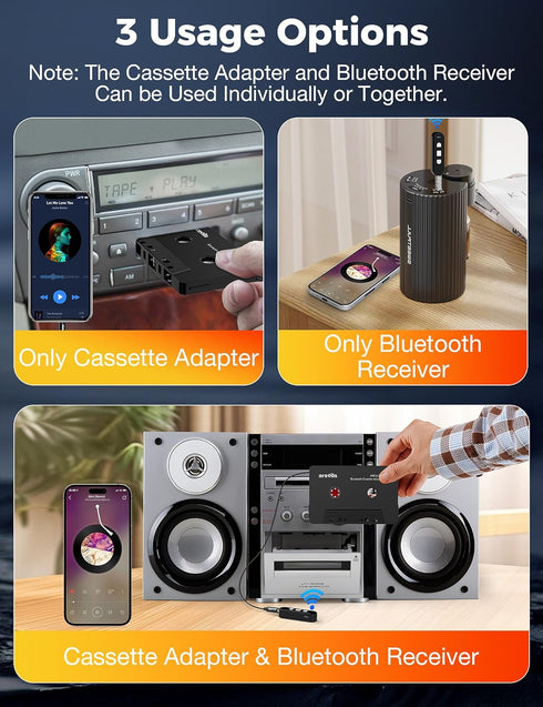 Arsvita Car Audio Cassette to Aux Adapter, 5.1 Bluetooth Receiver Kit for Cassette to Aux Adapter, Bluetooth Receiver Compatible with 3.5 MM Auxil...