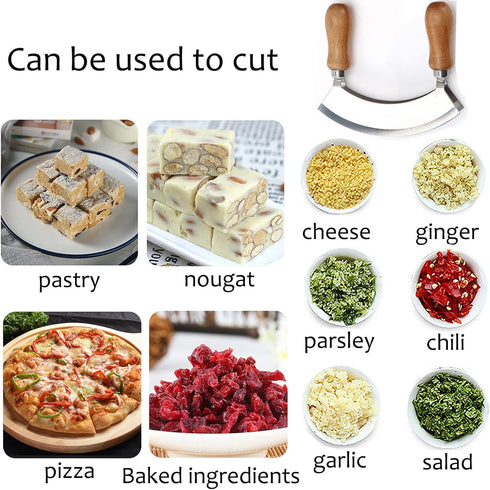 4.9 Inch Mezzaluna Knife - Sharp Double Blade Chopping Knife Pizza Cutter Rocker Knife Mezzaluna Salad Chopper Mincing Knife Stainless Steel Fruit...