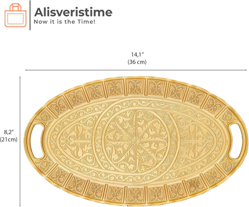 Alisveristime Turkish Ottoman Inspired 2-Person Zamac Serving Tray - Authentic Ellipse Design for Coffee, Tea, and Beverages in Gold, Silver and A...