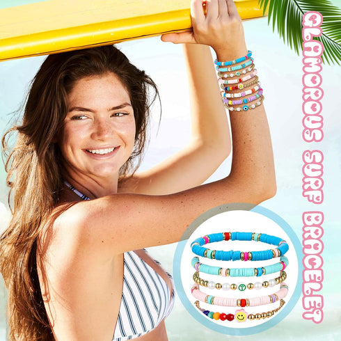 44 Pcs Heishi Preppy Bead Bracelets Colorful Clay Friendship Bracelet Y2K Stretch Beach Gold Bracelets for Women Girls...