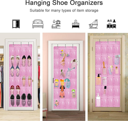 Over The Door Shoe Organizer - Space Saving Shoe Rack for Closet Door with 24 Pockets and Hook, Shoe Holder Back of Door Organizers for Shoes, Han...