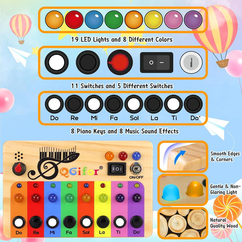 Autism Sensory Montessori Toys for 1 Year Old, Toddlers Busy Board for 1 2 3 4 Year Old, Wooden Switch Button Musical Mini Piano Key with LED Ligh...