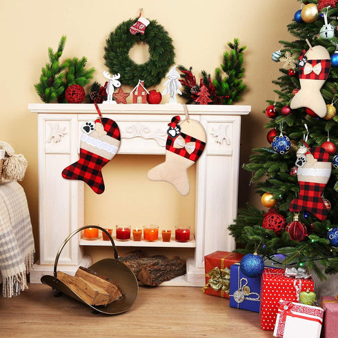 Skylety 2 Pieces Pet Christmas Stockings Buffalo Plaid Burlap 15 Inch Large Fish Shaped Bow Cat Christmas Stockings for Xmas Tree Home Holiday Par...