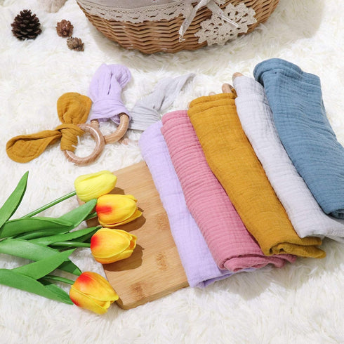 Baby Lovey, Wood Rattle, Teether Ring, 3 Pack Montessori Gift, Gray, Cotton, Double Gauze, Baby Shower, Gender Neutral Gift...