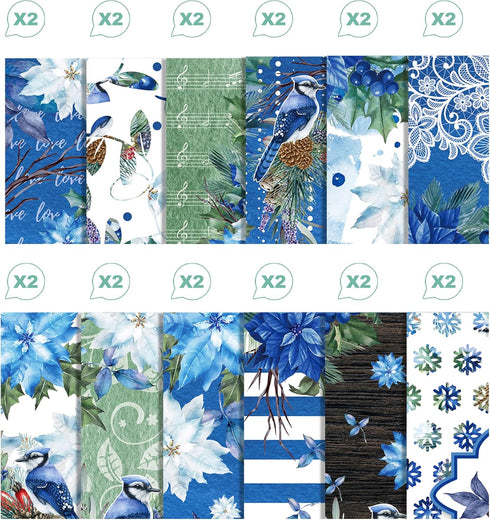 Christmas Blue Bird Scrapbook Paper Pad,24 Pcs Blue Bird Pattern Double-Sided Decopodge Paper,Cardstock Paper for Scrapbooking DIY Decorative Back...