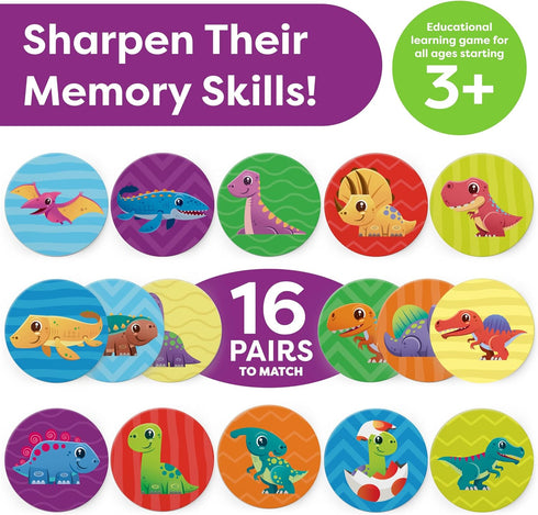 Matching Memory Game for Kids - 32pc Dinosaur Concentration Memory Matching Games for Children - Preschool Memory Games & Toddlers Ages 3-5, 3, 4,...