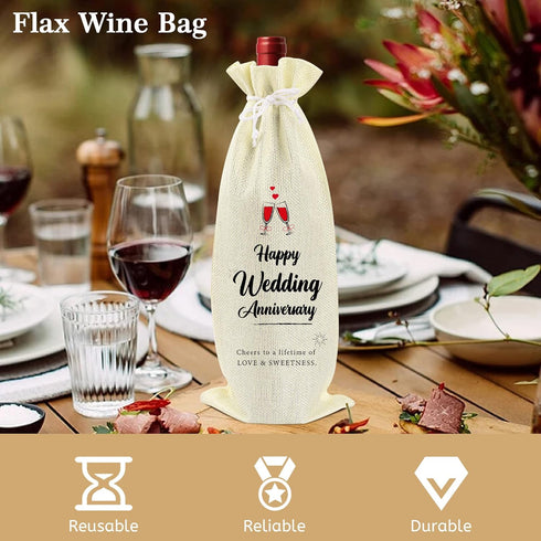 Omoojee 4 Pcs Wedding Anniversary Wine Bag, Couple Gift for Married Anniversary, Flax Drawstring Wine Bag...