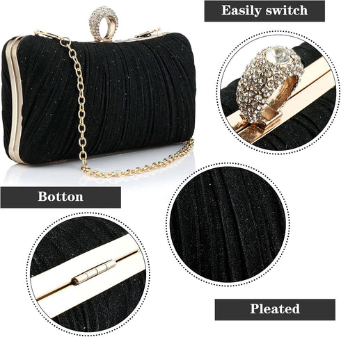 jessie Clutch Purse for Women Pleated Glitter Evening Bag for Crystal Bridal Wedding Party with Rhinestone...