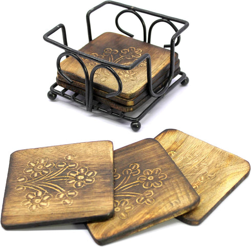 StonKraft Wooden Tea Coffee Coasters/Rustic Vintage Look Coasters Set with Wrought Iron Holder...